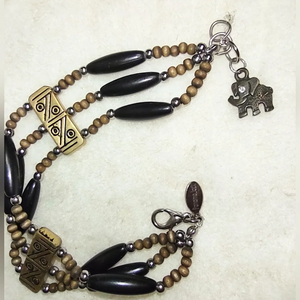 Tri-strand Black Beaded Wooden Beads Antique Gold Bracelet Elephant Charm